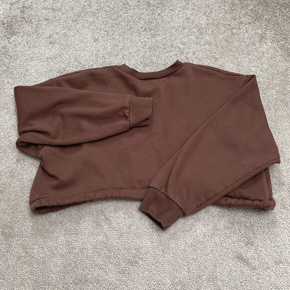 Zara Cropped Drawstring Pullover Sweatshirt Womens Large Brown Fleece Casual - Picture 2 of 11